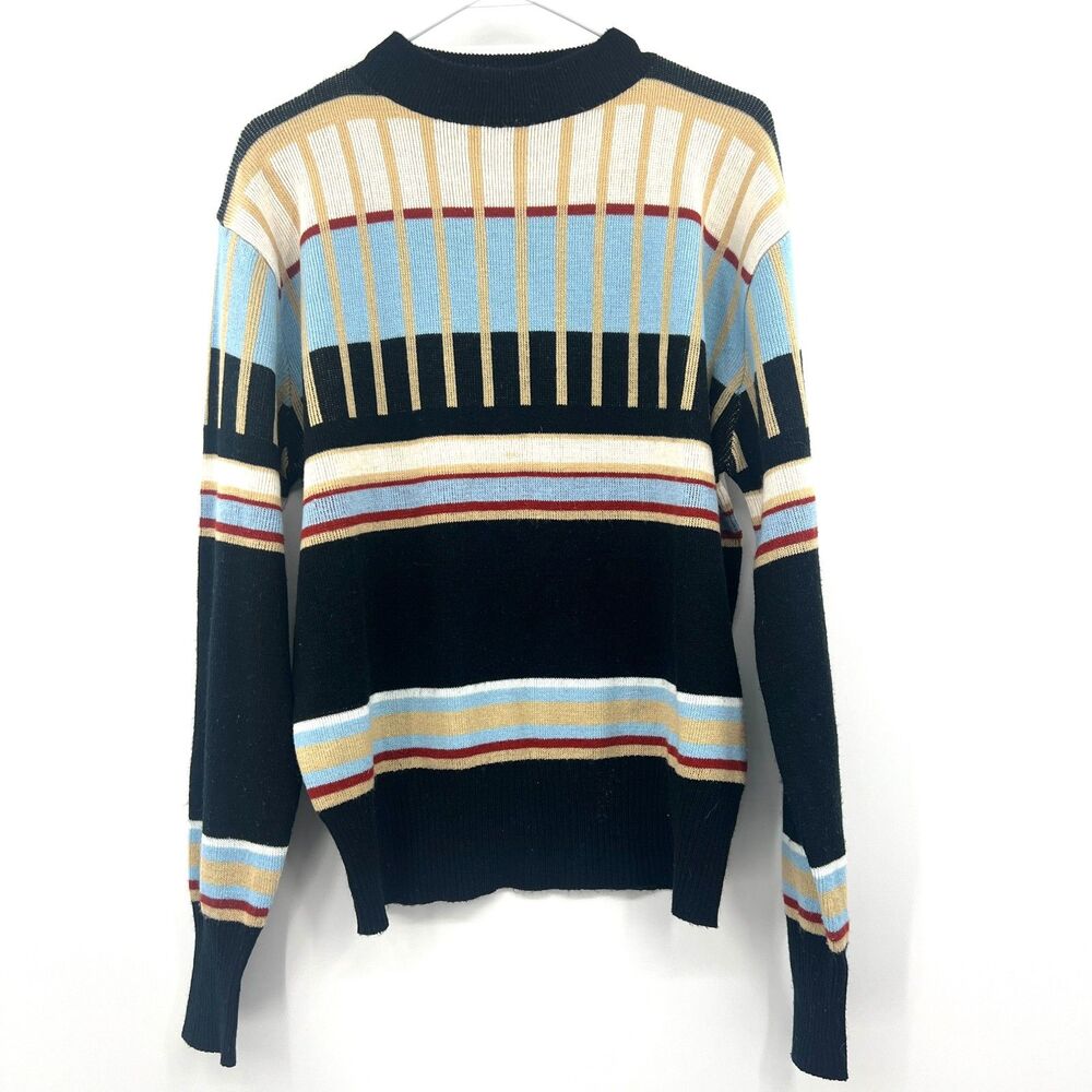 Vintage 80s Kmart Striped Knit Sweater Mens XL Black Blue Tan Crewneck Retro